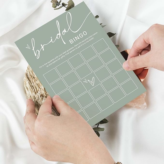 Bridal Shower Bingo, What Will The Bride to Be Receive, 25Pcs Bridal Bingo Game Cards, Engagement Party Games for Guests, Minimalist Green Wedding Party Supplies - C18
