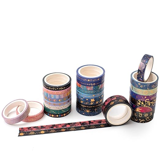 YUBX Skinny Galaxy Washi Tape Set 30 Rolls Gold Foil Decorative Starry Space Masking Tapes for Arts, DIY Crafts, Journals, Planners, Scrapbook, Wrapping