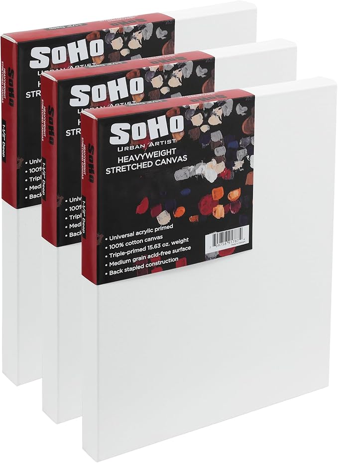 SoHo Urban Artist, 30x40 Heavyweight Stretched Cotton Canvas for Painting - 1.5" Deep- 3 Pack, Triple Primed, 100% Cotton Canvas, Archival, Universal Primed for Oil, Acrylic, Alkyd, Mixed Media