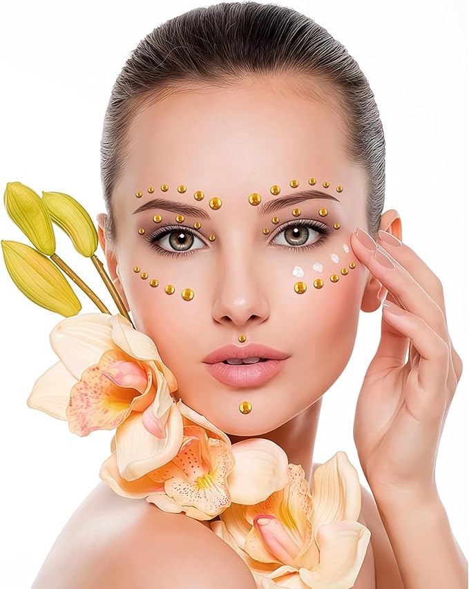 Self Adhesive Face Gems and Pearls for Makeup, Festival Jewels, Hair Gems Pearls, 3/4/5/6/8 mm Round Rhinestone Stickers for Face, Eye, Makeup, Body, Crafts 591Pcs (12_Gold)