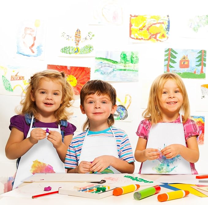 PLULON 15 Pcs Kids Apron Painting Aprons, Kids Aprons for Painting White Art Apron Smocks Bulk for Art Activity Craft Home Kitchen Classroom Party Supplies