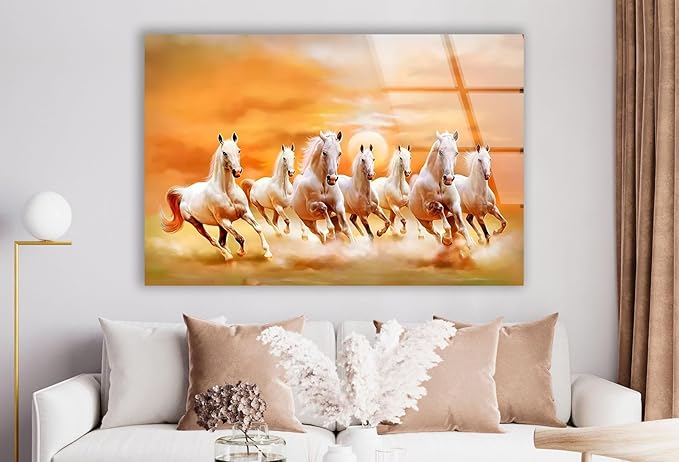 My Photostation.com 35.5Wx30H'' White Horses Running on Sunset Glass Wall ArtTempered Glass Printing Wall Decor Large Wall Art Wall Hangings