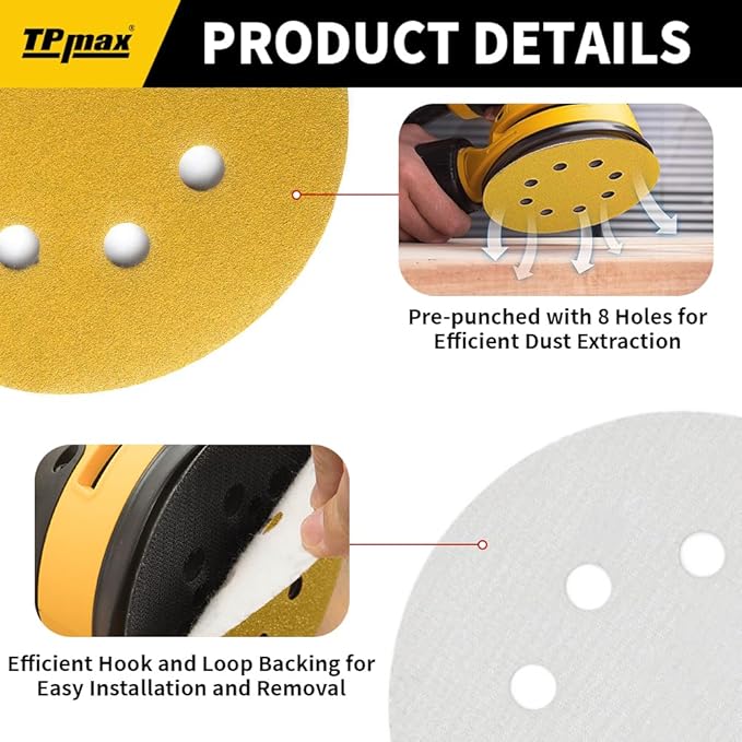100PCS 5 Inch 150 Grit 125mm 8 Hole Sanding Discs Sandpaper - Premium Gold Round Hook and Loop for Random Orbital Sander - Ideal for Wood, Metal, Automotive