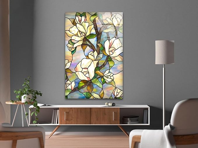 My Photostation.com Round 24'' Stained Magnolia Glass Wall Art Tempered Glass Printing Wall Decor Large Wall Art Wall Hangings