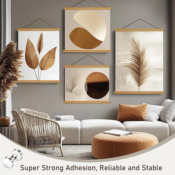 Artmag Magnetic Poster Hanger Frame, 12x18 12x16 12x24 Light Wood Wooden Magnet Canvas Artwork Print Poster Hangers Frames Hanging Kit (Teak Wood, 12")