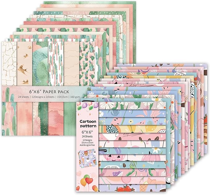 48 Sheets 24 Designs Scrapbook Paper Pad, 6"×6" Single-Sided Decopodge Craft Cardstock Paper,Scrapbooking DIY Decorative Background Cardmaking Supplies.Cactus&Cartoon