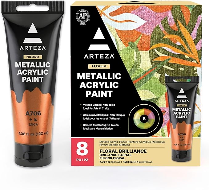 Arteza Metallic Acrylic Paint, Set of 8 Floral Brilliance Colors 4 oz Tubes, Rich Pigments, Non Fading, Non Toxic Paints for Artists & Hobby Painters