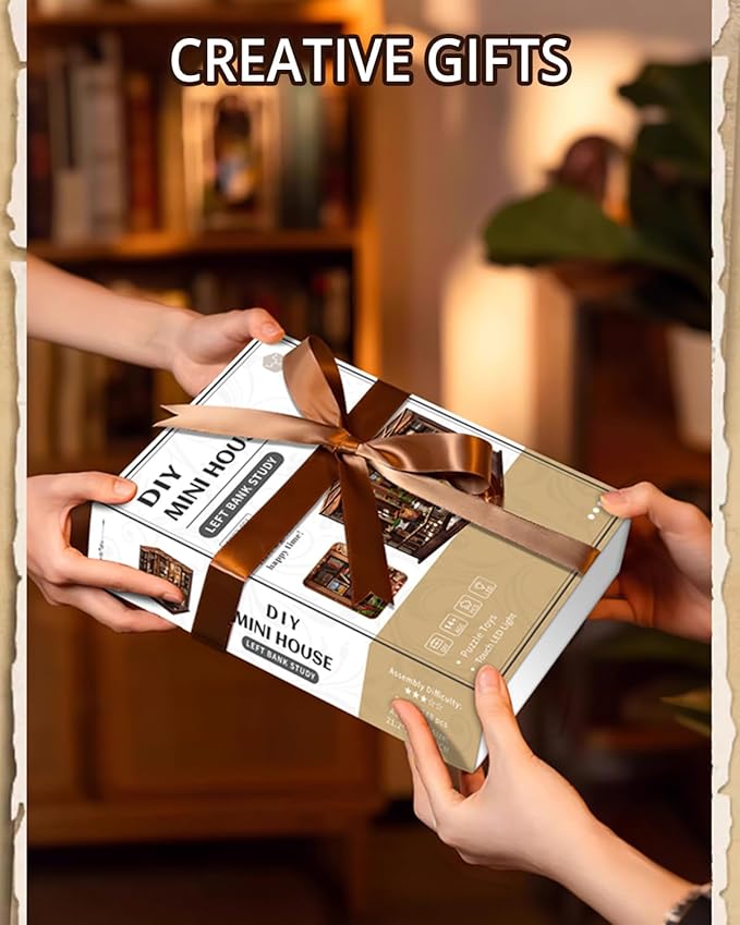 Book Nook Kit - DIY Miniature House Dollhouse 3D Puzzles for Adults and Teens - Gifts for Family and Friends Bookshelf Decor Tiny House Model Build with LED Light (AW02-001)