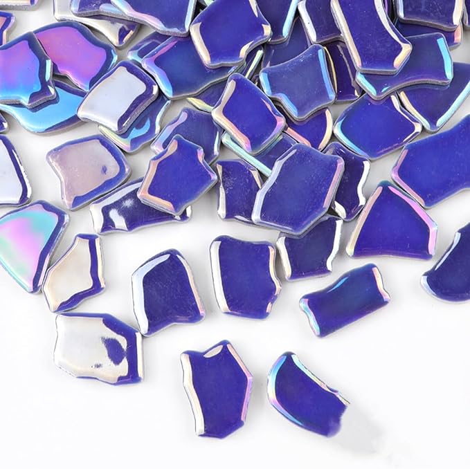 0.78"-1.57" Irregular Ceramics Mosaic Tiles,1.1LB Mosaic Pieces Stones for Home Decoration DIY Craft Plates Flowerpots Vases Cups Mosaic Making Supplies (Iridescent Navy Blue)