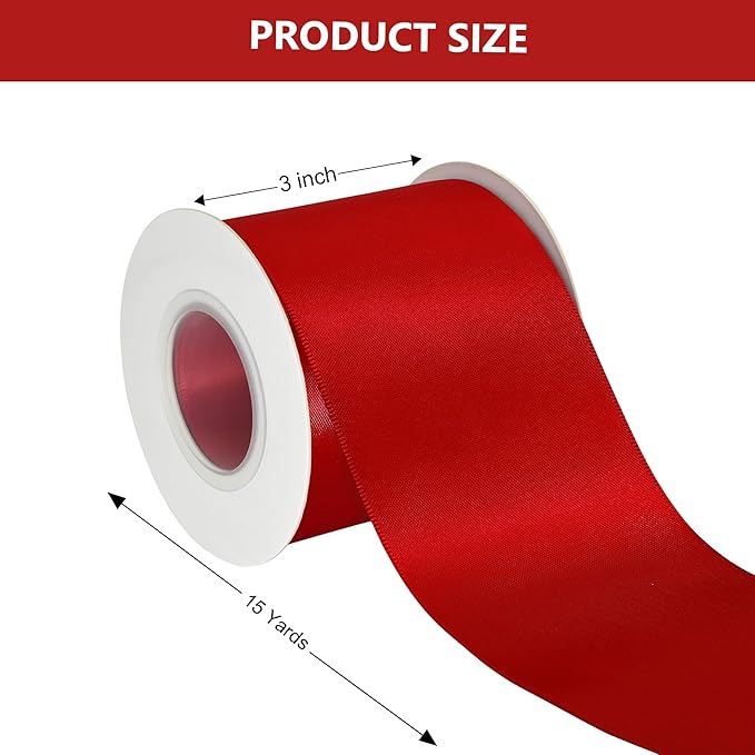 Red Satin Ribbon 3 Inch X 15 Yards Solid Color Double Faced Ribbons Perfect for Crafts Wedding Decor Bow Making Arts Sewing and More
