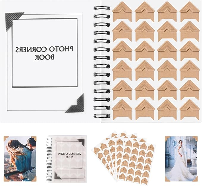 GOONAVI 15 Sheets 360 PCS Cowhide Photo Corners Notebook, Self-Adhesive Corners for DIY Album Journal, Corner Stickers for Trip Memory Book
