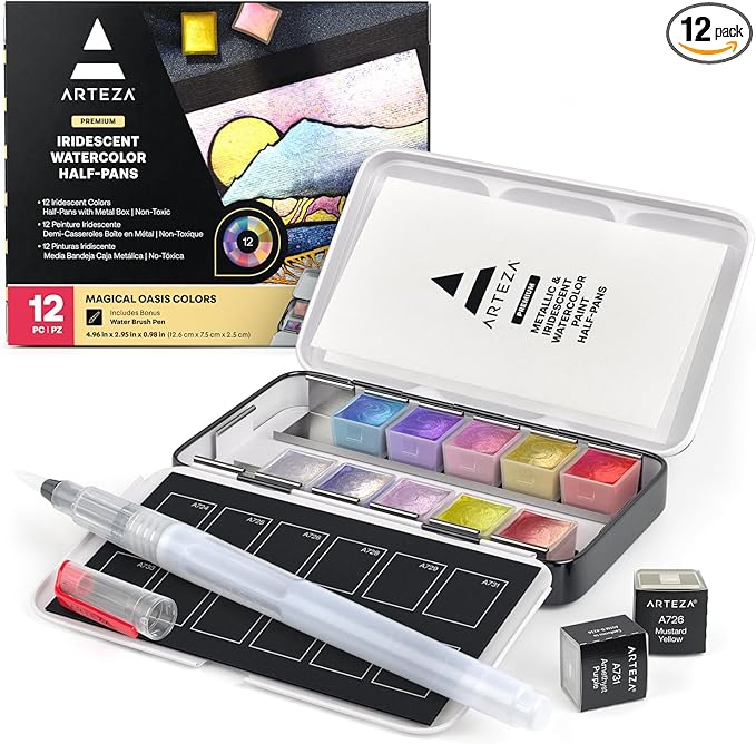ARTEZA Metallic Watercolor Paint Set – 12 Iridescent Half Pans, Compact Travel Palette with Brush for Painting, Journaling & Mixed Media