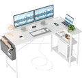TIQLAB L Shaped Computer Desk with Power Outlets, 55 Inch Small Corner Desk with Reversible Shelves, Gaming Desk Computer Table Study Writing Desk for Home Office Small Space, White