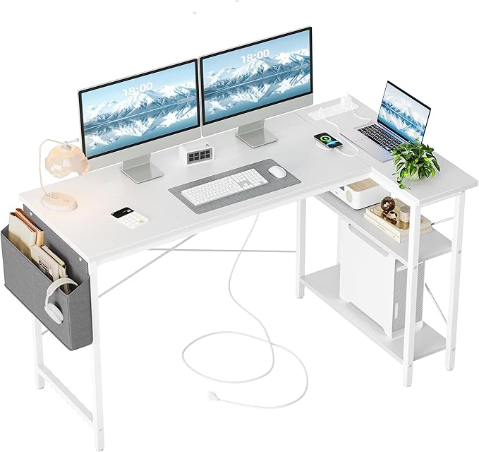 TIQLAB L Shaped Computer Desk with Power Outlets, 55 Inch Small Corner Desk with Reversible Shelves, Gaming Desk Computer Table Study Writing Desk for Home Office Small Space, White