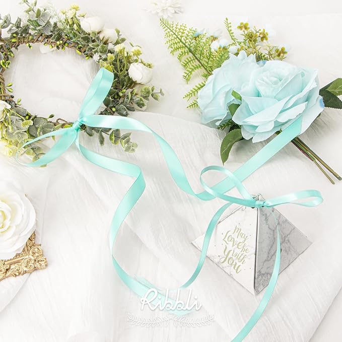 Ribbli Aqua Blue Satin Ribbon,Double Faced Satin 1/4 inch x Continuous 50 Yards,Aqua Blue Ribbon Use for Bows Bouquet,Gift Wrapping,Wedding Decoration,Floral Arrangement