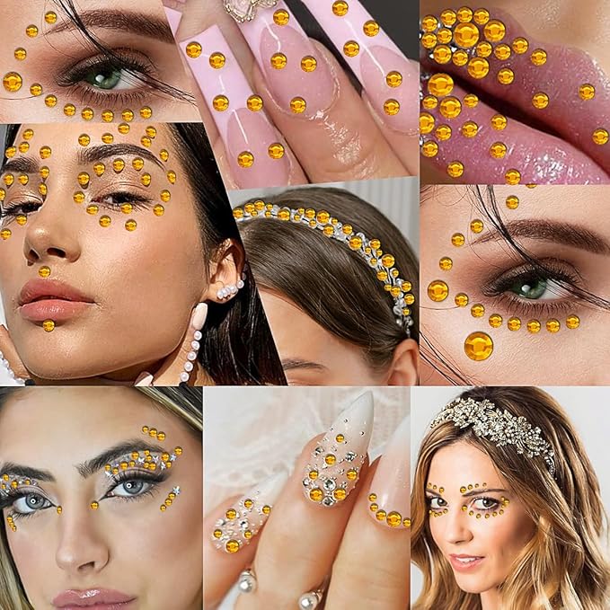3090 Pcs 4 Sheets Rhinestone Stickers 3/4/5/6 mm Self Adhesive Craft Rhinestones Gems for Face Eyes Makeup Hair Body (Goldenyellow-3/4/5/6mm)