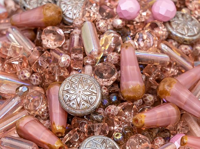 2.1oz (60 g) Mix of Unique Czech Bohemia Glass Pressed Beads, Dirty Pink Antique, Table Cut, Matte and Glossy, Faceted Fire Polish, Hand Made Set Kit BCV