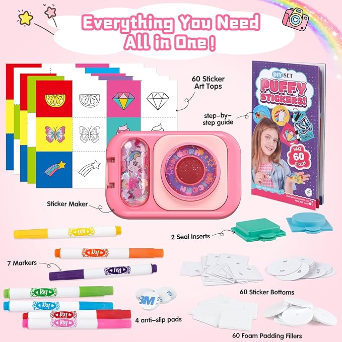 Sticker Maker for Kids - Make Your Own 60 Stickers with DIY Puffy Sticker Kit - Create a 3D Sticker Machine Arts and Crafts for Kids Ages 6-12 - Fun Craft Kits & Gifts for Girls Boys Year Old