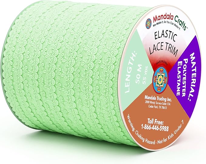 Mandala Crafts Mint Green Stretch Lace Soft Elastic Trim Roll - 55 Yards 1 Inch Wide Stretchy Frilly Picot Ribbon for Sewing Lingerie, Headbands, Underwear, and Crafts