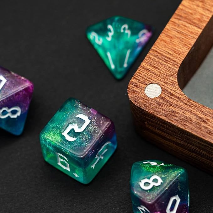 7-Die DND Dice Set Polyhedral Dice Set with a Leather Bag, D&D Dice Set for Dungeons and Dragons, RPG Table Games (Rose Blue w/Glitter)