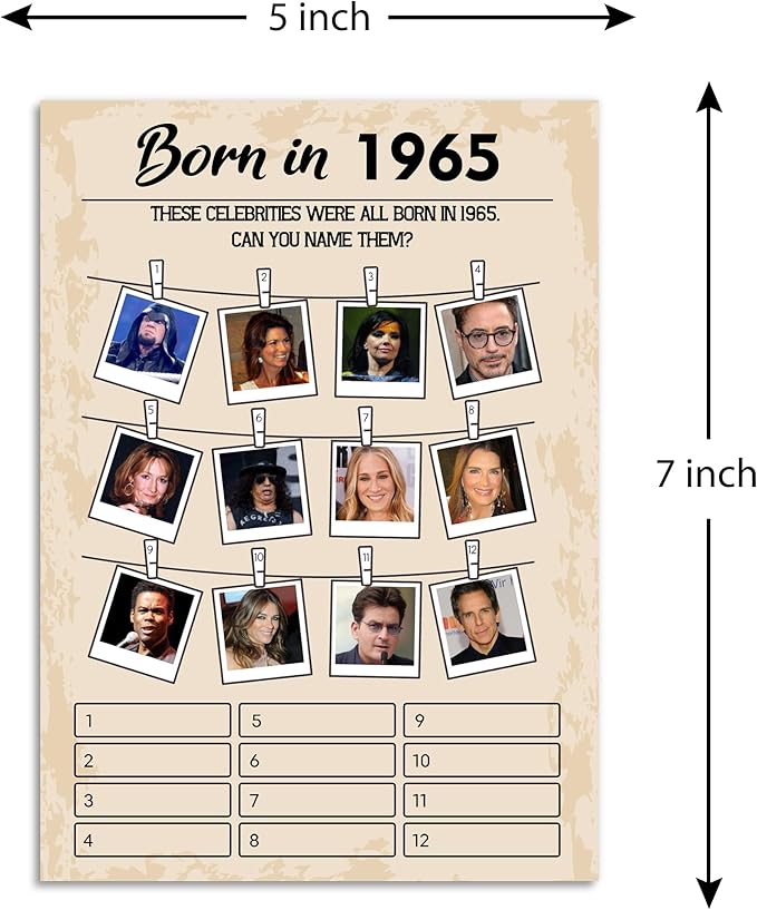 QUPT 60th Birthday Party Games, Set of 5 Activities for 10 Guests, Born in 1965 Games Bundle, Birthday Party Supplies for Adults, Pack of 50 Cards