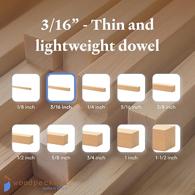 DIY Wooden Square Dowel Rod 3/16-inch x 36 Pack of 100 Hobby Wood Sticks for Crafts, Wood Trim & Architecture Model Making, by Woodpeckers
