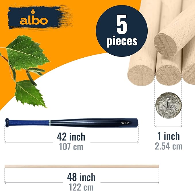 ALBO 1" x 48" Wooden Dowel Rods Set - 5 Pack Birch Natural Strong Long Craft Sticks Woodworking Furniture Garden Structures Hardwood Sanded Smooth Versatile Material Railings Supports