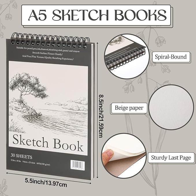 Jexine 60 Pcs 5.5'' x 8.5'' Top Spiral Bound Sketch Book 30 Sheet Each(68lb/100gsm), Sketching Drawing Pad Bulk Artist Sketch Pad Kids Drawing Paper Art Sketchbook for Painting (Tree)