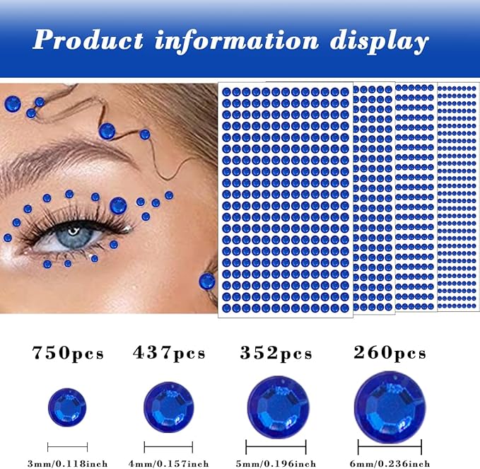 1799 Pcs 4 Sheets Rhinestone Stickers 3/4/5/6 mm Self Adhesive Rhinestones Gems for Face Eyes Makeup Hair Body (blue-3/4/5/6mm)