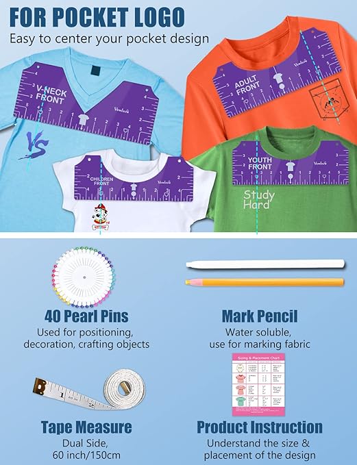 Vowlove Tshirt Ruler Guide Set for Cricut, Shirt Measure Ruler Centering Tool, Accessories for Sublimation Printers Blanks Product Bulk Embroidery Dtf Heat Press Transfers Ready to Press Film Tape
