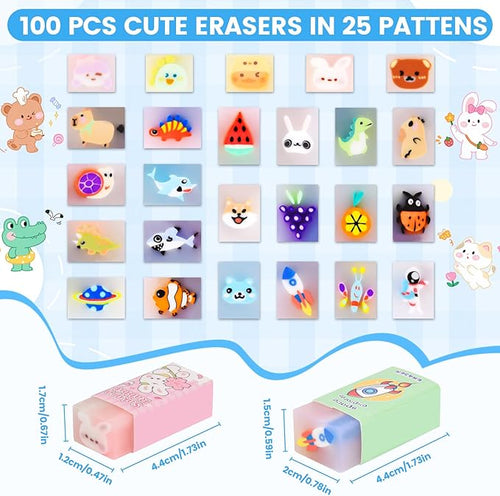 100 Pcs Cute Eraser for Kids Bulk Kawaii Erasers for Classroom Fun Erasers for Back to School Supplies Kid Party Favors Gift