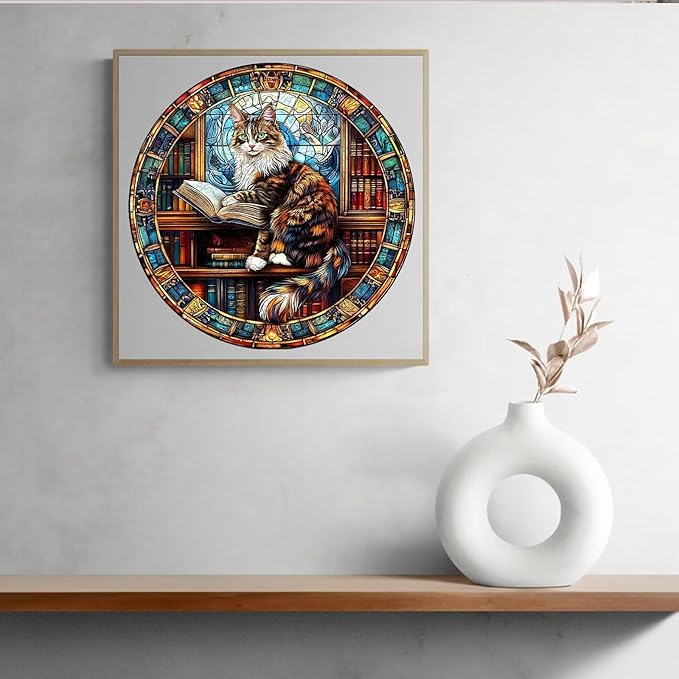 Wooden Puzzles Adults, Maine Cat Library Wooden Puzzles 300 Pieces, Unique Animal Shaped Wood Challenging Jigsaw Puzzles Gifts for Adults, 13.4x13.4in