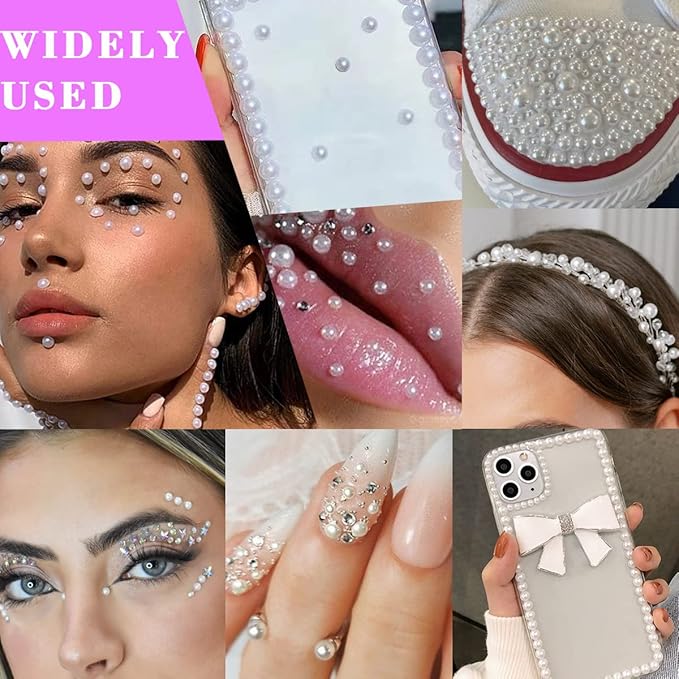 1799pcs Self Adhesive Face Pearl Gems Stickers, Hair Gems Rhinestones Stickers, Bling Jewels for Makeup, Crafts, Home Decor Scrapbooking Embellishments, 4 Sizes 3mm/4mm/5mm/6mm(Beige Pearl)