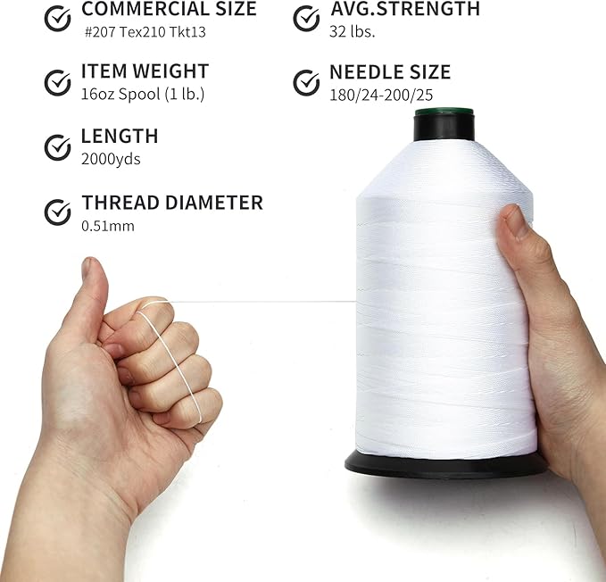 Extra Strong Bonded Nylon Thread #207 Tex210 – 16 OZ, 2000yds, Versatile Stitching Solution for Leather, Upholstery, Canvas Repair and More (White)