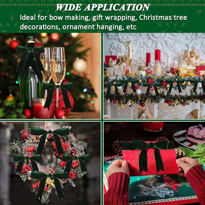 Dark Green Velvet Ribbon, 1 Inch x 20 Yards Single Faced Green Ribbon for Gift Wrapping, Bow Making, Christmas Tree Decorations, Wreath Making and DIY Crafts (10 Yards Each Roll)