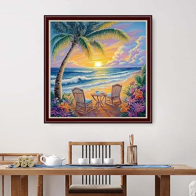 Dimensean Stamped Cross Stitch Kits Full Range of Embroidery Patterns Starter Kits for Beginners Adult or Kids DIY Cross Stitches Needlepoint Kits 11CT-Rest at Sunrise by The Seaside 18x18 inch