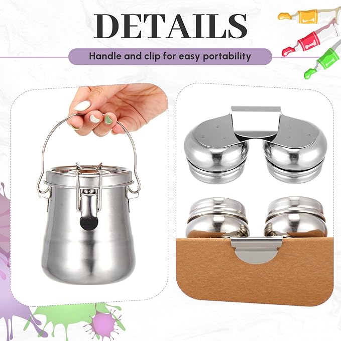 2 Pcs Paint Brush Cleaner Set Airtight Stainless Steel Double Dipper Palette Cup Portable Paint Brush Washer Holder for Oil Cleaner Kits(Medium)