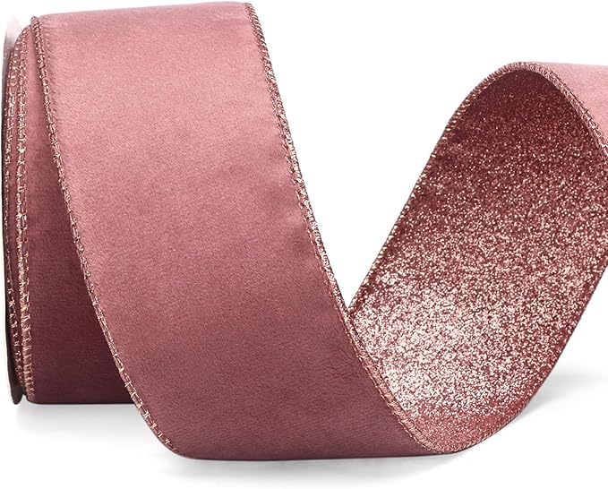 Ribbli Rose Gold Velvet Wired Ribbon 2.5 Inch Dusty Rose Velvet with Rose Gold Glitter Christmas Ribbon for Christmas Tree Decoration Big Bow Gift Wrapping Crafts Wreaths Supplies- 10 Yards