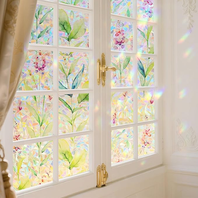 Donox Decorative Window Privacy Film, 3D Floral Stained Glass Window Film Static Cling Rainbow Privacy Sticker for Glass Door Heat Control Anti UV, No Adhesive (Gladiolus,17.5 x 78.7 inches)