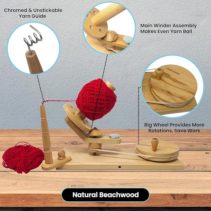 Wooden Yarn Ball Winder – Hand Crank Beechwood Swift for 8–12 oz Skeins – Large Capacity Wool Fiber Winder for Knitting & Crochet (Beachwood Winder)