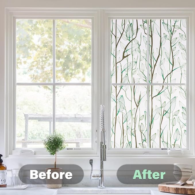 Donox Frosted Glass Window Film Heat Control UV Blocking, Static Cling Reusable Home Bathroom Door Window Privacy Film, Green Leaf Pattern Window Covering with Installation Tool, 23.6 in x 6.5 feet