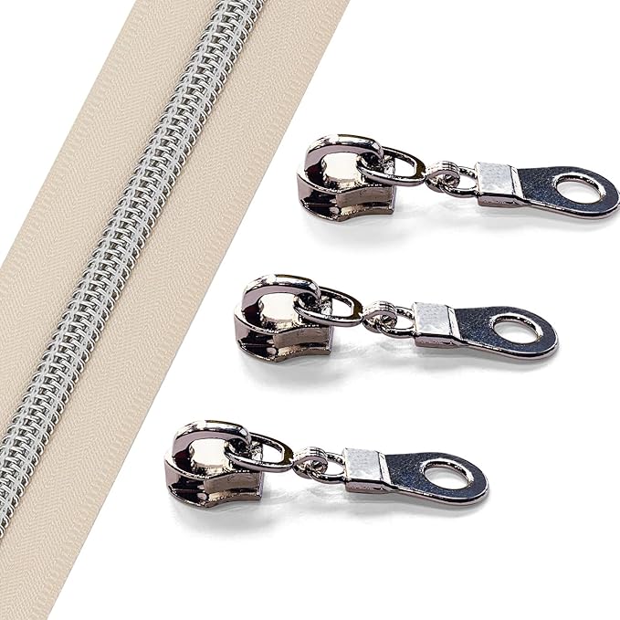 Sawoake 10 Yards Bulk Zipper(#5), Beige Nylon Coil Zipper with Silver Teeth by The Yards, Replacement Sewing Zipper with 10PCS Zipper Sliders for DIY Sewing Craft Bags(#5 Silver Beige)