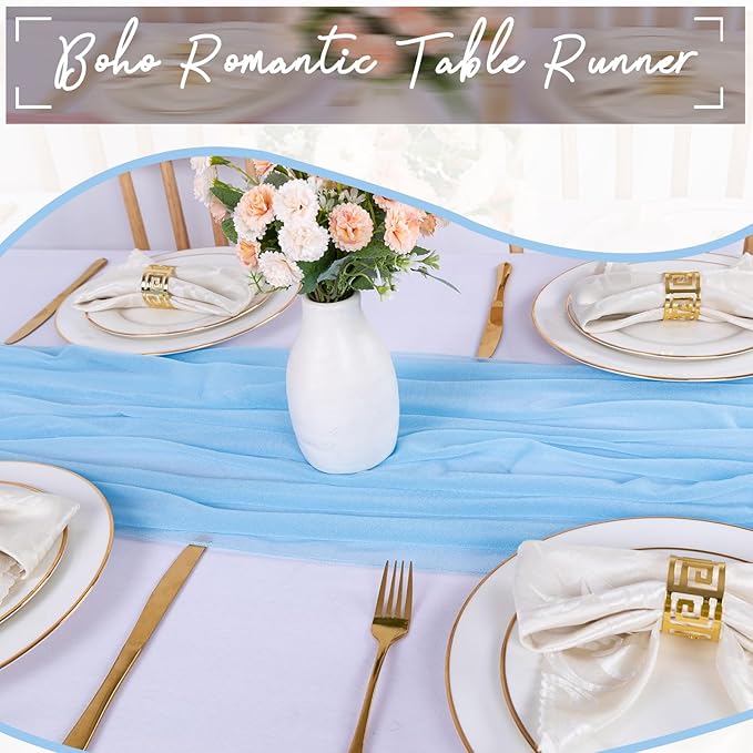 30 x 120 Inches Baby Blue Chiffon Table Runner 10ft Boho Gauze Table Runner for Wedding Decor, Rustic 120inch Long Table Runner for Wedding Bridal Baby Shower Party Decorations