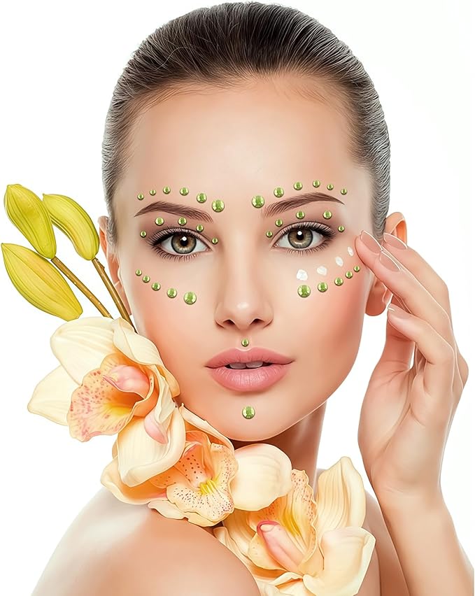 Self Adhesive Face Gems and Pearls for Makeup, Festival Jewels, Hair Gems Pearls, 3/4/5/6/8 mm Round Rhinestone Stickers for Face, Eye, Makeup, Body, Crafts 591Pcs (08_Light Yellow)