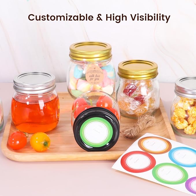 Mason Jars 8 oz 6 Pack with Golden Lids & Bands, 8 oz Glass Jars with Lids with Stickers, Tags and Jute Twine for Spice Storage, Crafts, Wedding Decor