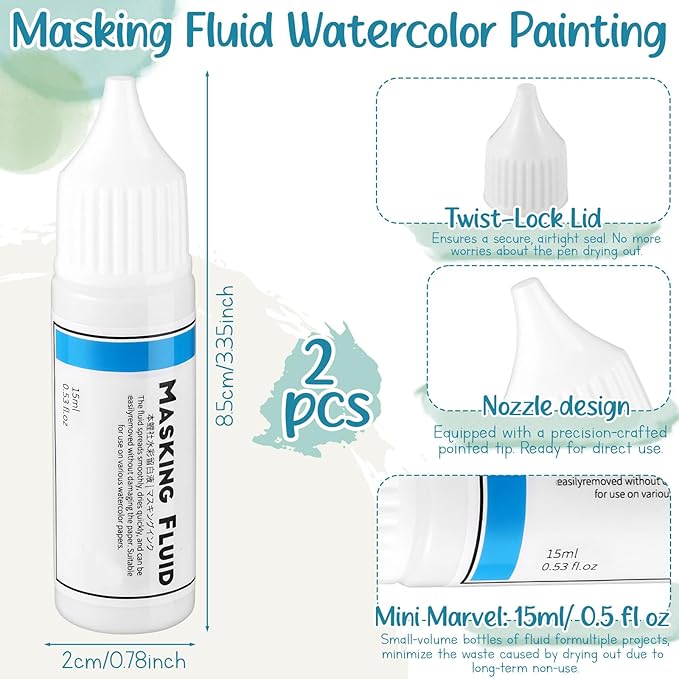 2 Pcs Masking Fluid for Watercolor Painting, 15ml Capacity Bottle with 3mm Applicator Nozzle, Masking Fluid Pen for Various Art Projects Watercolor Ink (White)