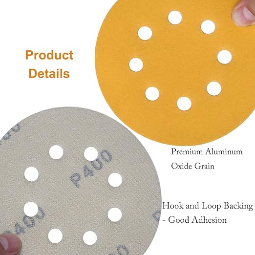 5-Inch 8-Hole Hook and Loop Sanding Discs 400-Grit Random Orbit Sandpaper, 50-Pack