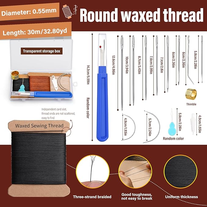 KAQRHFT Upholstery Repair Kit and Upholstery Needle, 0.55mm 98 Yard Waxed Thread with 8 Pcs Heavy Duty Leather Needles for Hand Stitching, Canvas & Quilting - Round Waxed Cord- Black/Brown/Beige