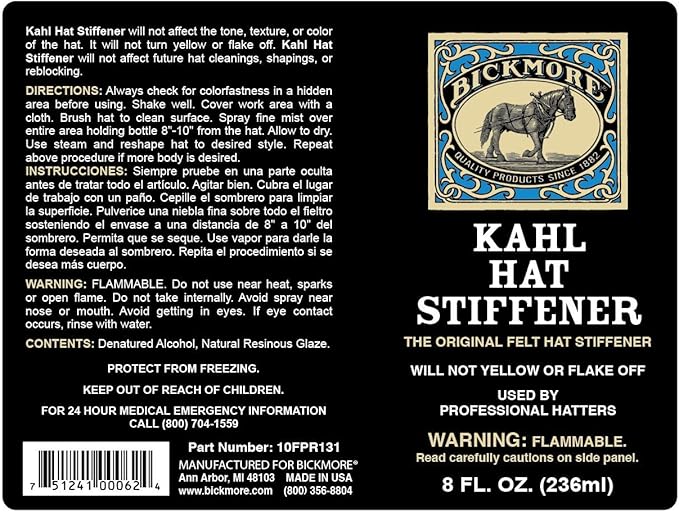 Bickmore Kahl Hat Stiffener - Great for Fabric & Felt Hat Brims - Will Not Affect Tone, Texture, or Color