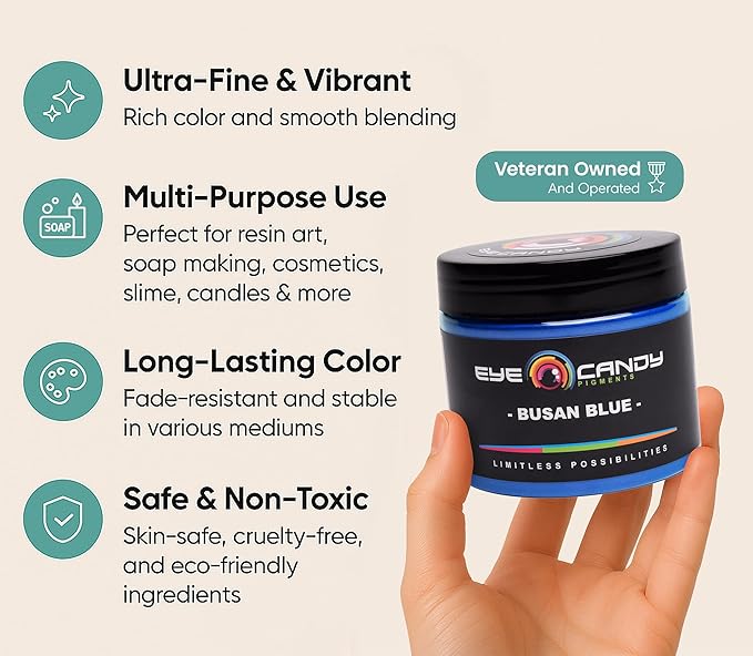 Eye Candy Pigments Premium Blue Mica Powder - Busan Blue (50gr) - for Epoxy, Resin, Soap, Paint, Woodworking, Acrylic Pouring, Bath Bombs, Fishing Lures - DIY Arts and Crafts Additive